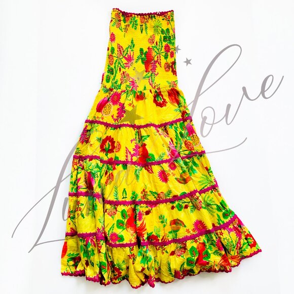 FARM RIO Delicate Fruit Garden Yellow Smocked Maxi Dress NWT - Picture 8 of 11